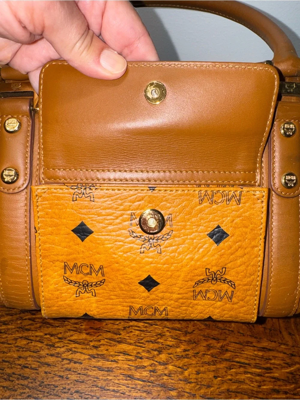 MCM Cognac Visetos Boston Bag w/Front Pocket and COA